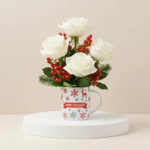 White Roses Christmas Mug Arrangement