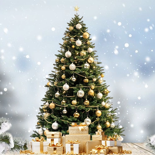 7–8ft Fresh Christmas Tree – With Stand & Decorations
