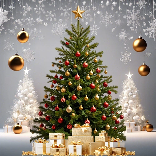 9ft Fresh Christmas Tree – With Stand & Decorations